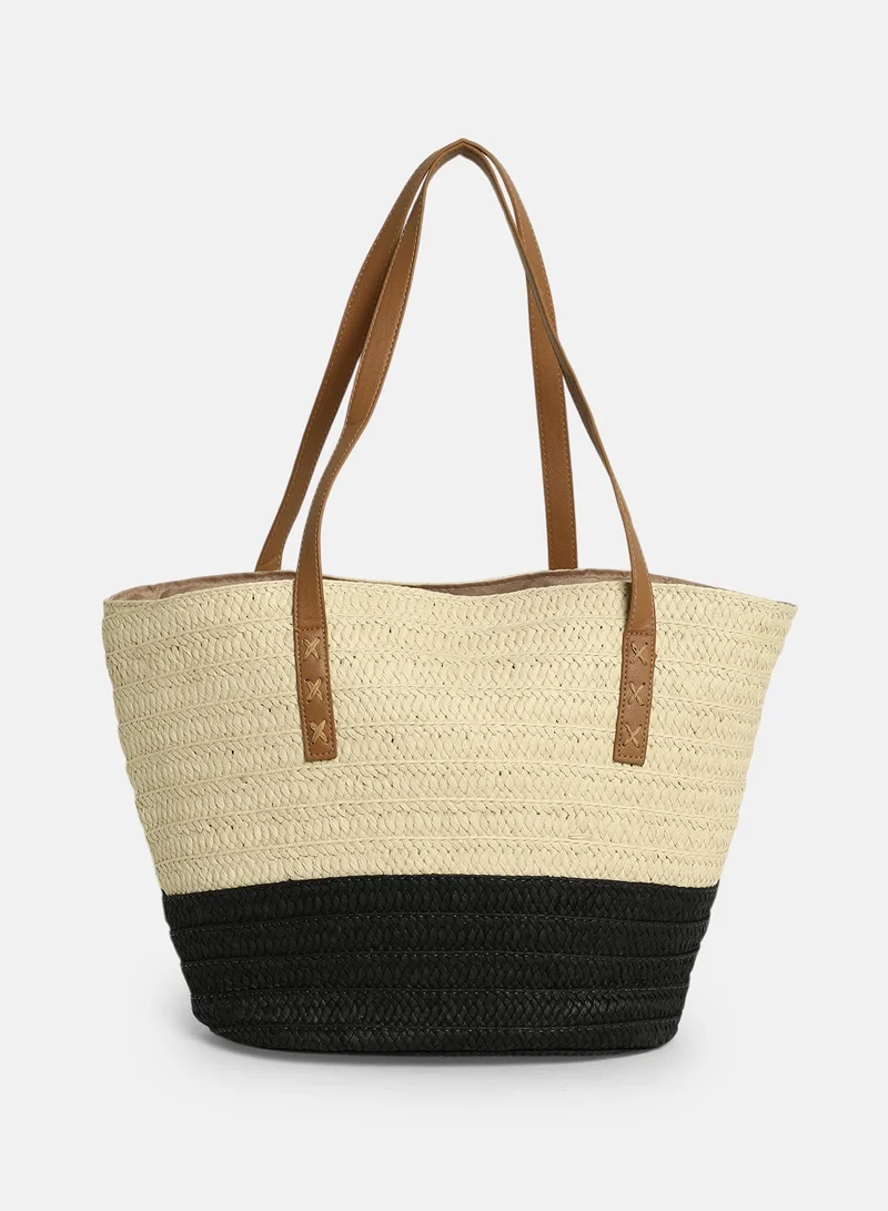 Haute Sauce Colour block Zip Lock Regular Jute Hand Bag For Women