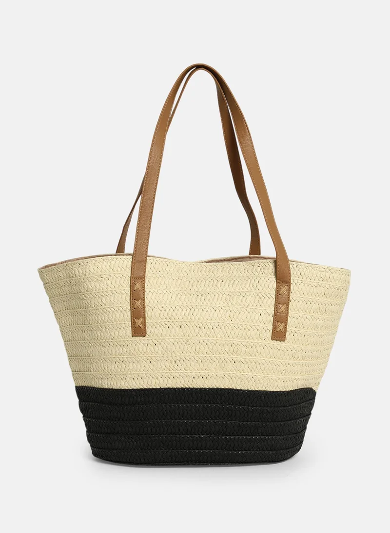 Haute Sauce Colour block Zip Lock Regular Jute Hand Bag For Women
