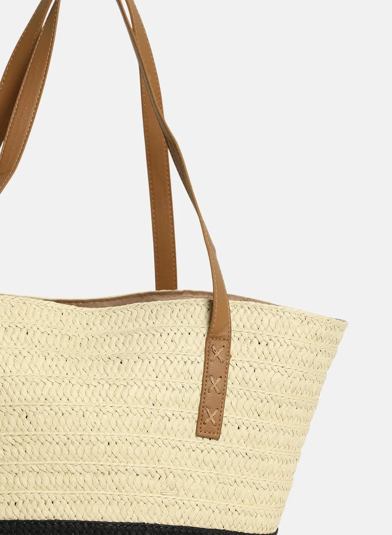 Haute Sauce Colour block Zip Lock Regular Jute Hand Bag For Women
