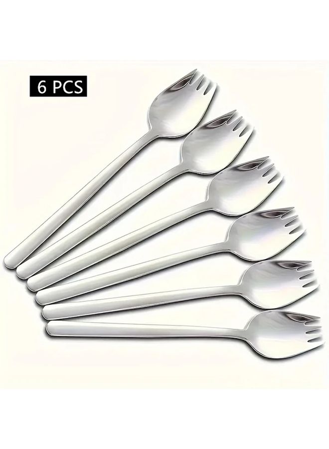 Silvery 6 Piece Stainless Steel Spoon Fork Integrated Set For Salad Dessert - Image 1