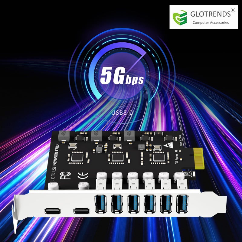GLOTRENDS GLOTREND U6A2C 8-Port PCIe USB Expansion Card, 2 USB-C and 6 USB-A (USB 3.2 Gen 1), Compatible with Windows and Linux (Not Support Mac OS) - Image 5