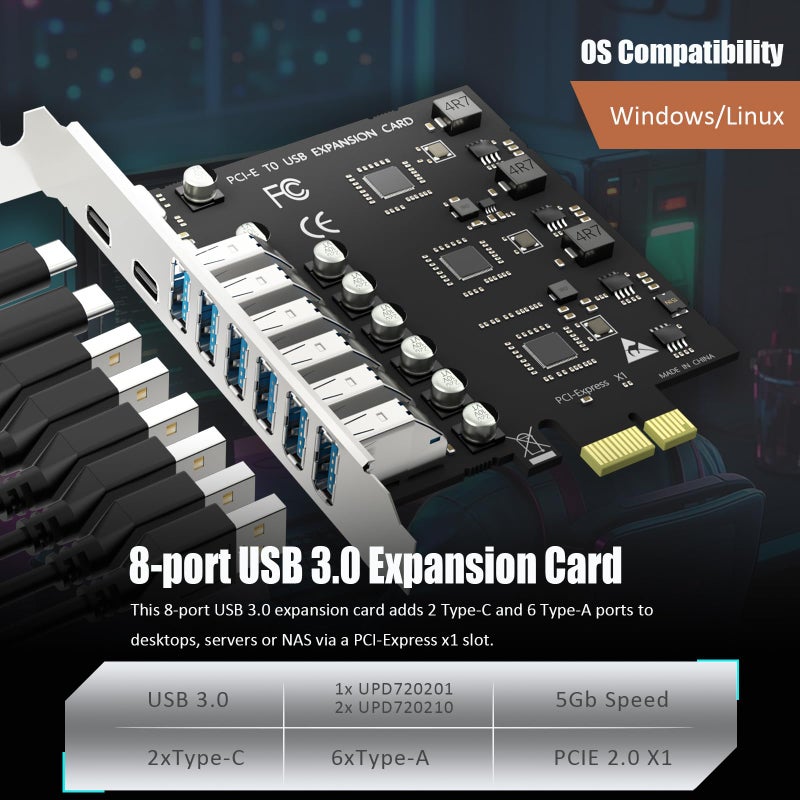 GLOTRENDS GLOTREND U6A2C 8-Port PCIe USB Expansion Card, 2 USB-C and 6 USB-A (USB 3.2 Gen 1), Compatible with Windows and Linux (Not Support Mac OS) - Image 3