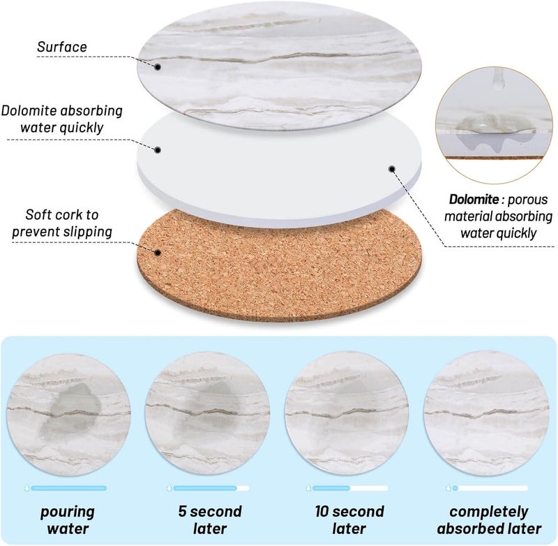 Acejoz Drink Coasters with Holder for Coffee Table, Absorbent Coaster Set of 6, Marble Style Ceramic Coaster for Wooden Table, Suitable for Kinds of Cups, Home Decor, 4 Inches - Image 4