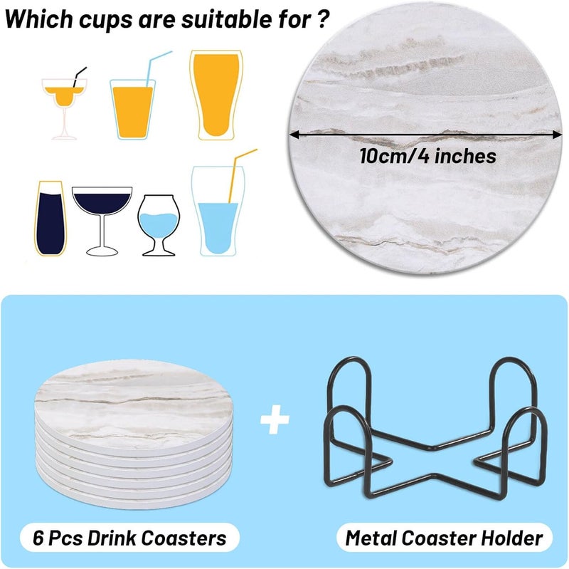 Acejoz Drink Coasters with Holder for Coffee Table, Absorbent Coaster Set of 6, Marble Style Ceramic Coaster for Wooden Table, Suitable for Kinds of Cups, Home Decor, 4 Inches - Image 3
