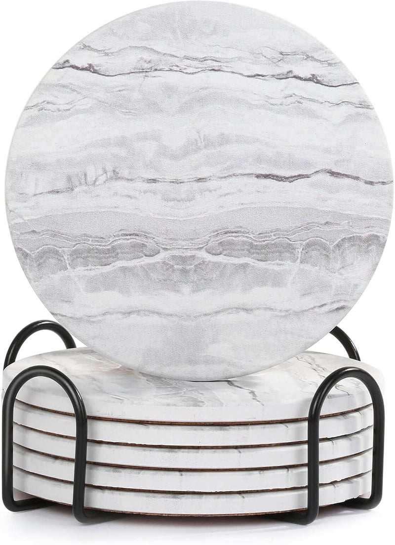Acejoz Drink Coasters with Holder for Coffee Table, Absorbent Coaster Set of 6, Marble Style Ceramic Coaster for Wooden Table, Suitable for Kinds of Cups, Home Decor, 4 Inches - Image 1