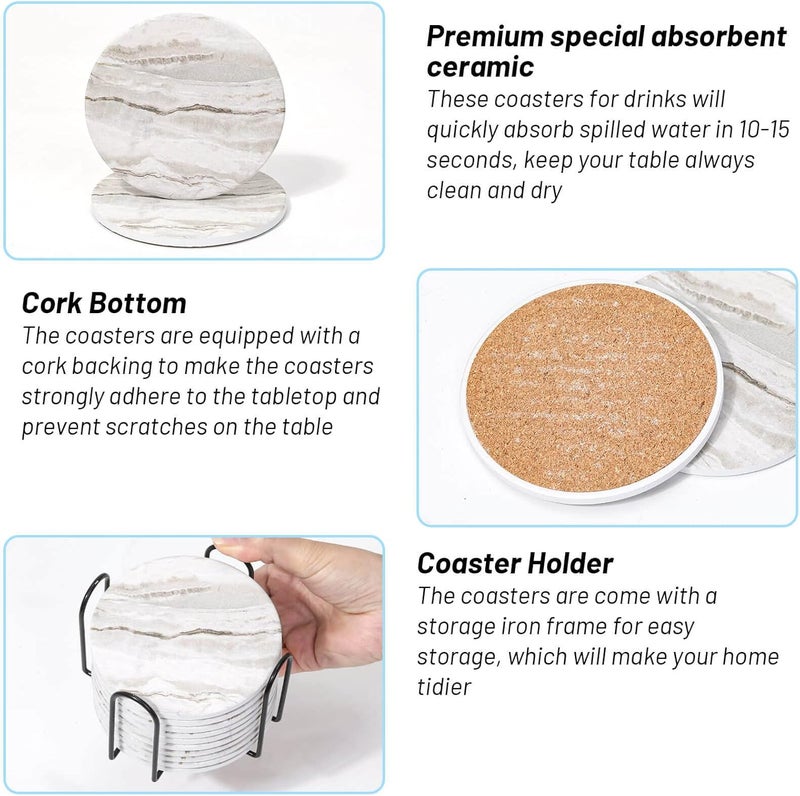 Acejoz Drink Coasters with Holder for Coffee Table, Absorbent Coaster Set of 6, Marble Style Ceramic Coaster for Wooden Table, Suitable for Kinds of Cups, Home Decor, 4 Inches - Image 5