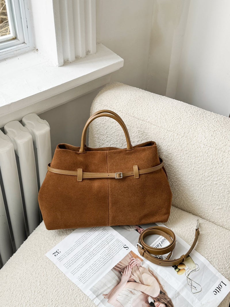 High-End Suede Large-Capacity Tote Bag Women'S Genuine Leather Retro All-Match Frosted Commuter Hand Shoulder Crossbody Bag - Image 1