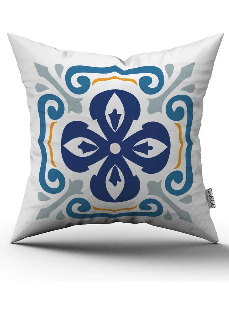 Cango Home White Blue Modern Ethnic Tile Patterned Digital Printed Throw Pillow Cover