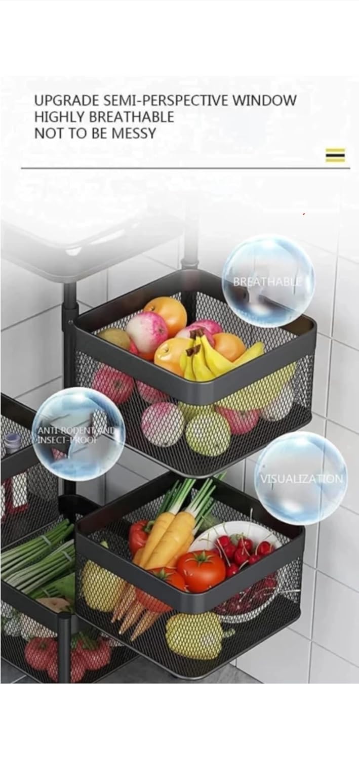 Well Set Metal Kitchen Trolley Kitchen Organizer Items and Kitchen Accessories Items for Kitchen Rack Square Design for Fruits Vegetable Onion Storage Kitchen Trolley with Wheels 3 Layer - Image 3