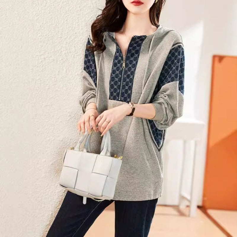 Half Zip Design Fake Two-piece Hooded Sweatshirt Womens Autumn New Mid-length plus size Loose Casual Long-sleeved Top Gray