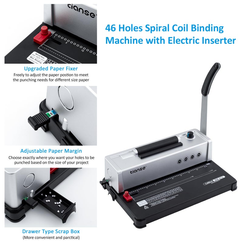 TIANSE Binding Machine, Spiral Coil Binder Machine, Manual Book Maker Punch Binder with Electric Coil Inserter,Suit for Letter Size / A4 / A5 with 100pcs 5/16'' Plastic Coil Binding Spines & Plier - Image 4