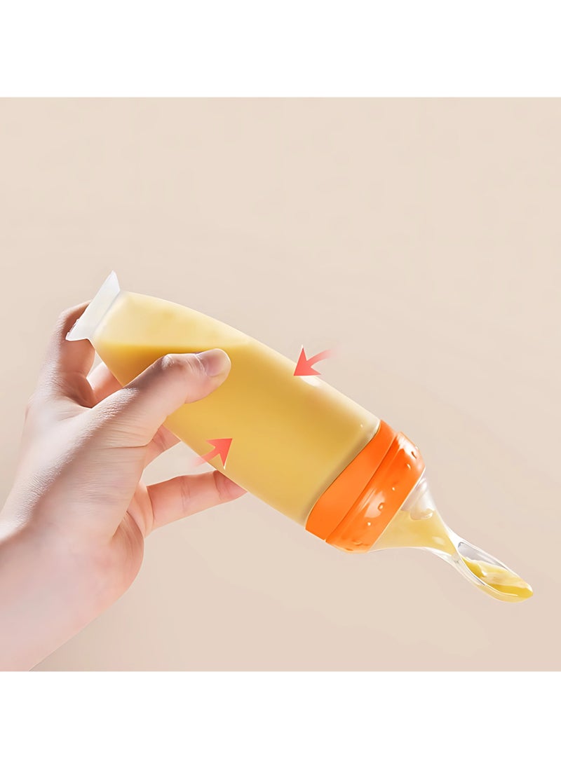 Twisoo Silicone Baby Food Feeder Bottle with Spoon - 120ML BPA-Free Squeeze Feeder for Toddlers, Ideal for Semi-Solid Foods, Cereals, Purees & Anti-Colic Design (Orange)