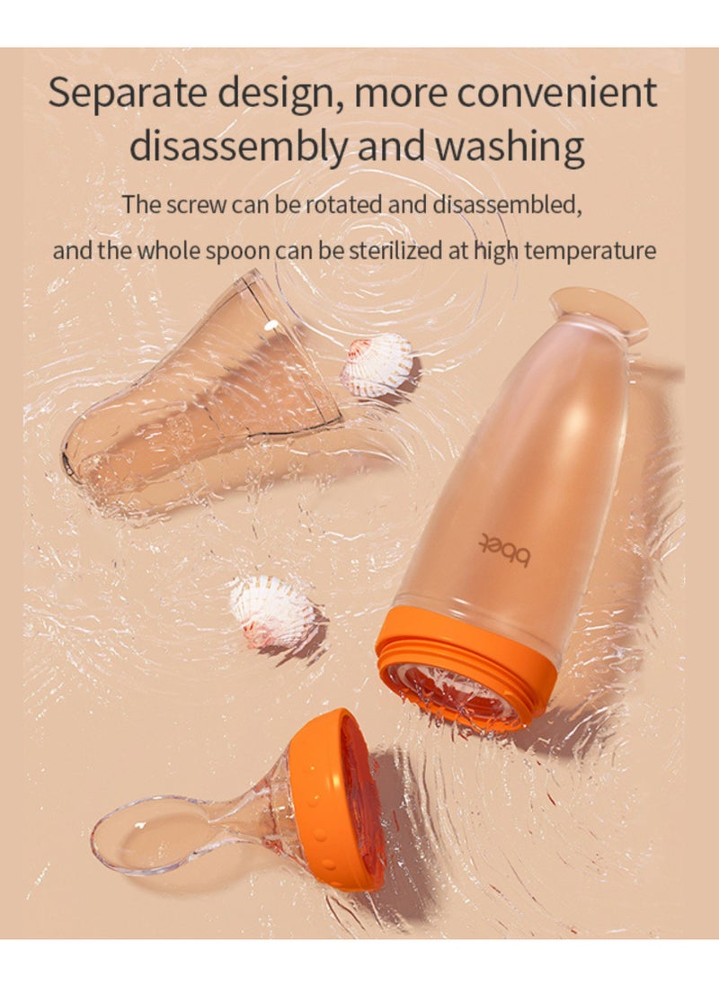 Twisoo Silicone Baby Food Feeder Bottle with Spoon - 120ML BPA-Free Squeeze Feeder for Toddlers, Ideal for Semi-Solid Foods, Cereals, Purees & Anti-Colic Design (Orange)
