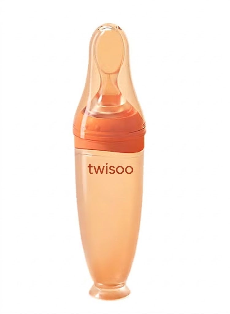 تويسو زجاجة تغذية طعام الأطفال المصنوعة من السيليكون من تويسو مع ملعقة - 120 مل، خالية من مادة BPA، سهلة الضغط للأطفال الصغار، مثالية للأطعمة شبه الصلبة والحبوب والهريس، وتصميم مضاد للمغص (برتقالي) - Image 1
