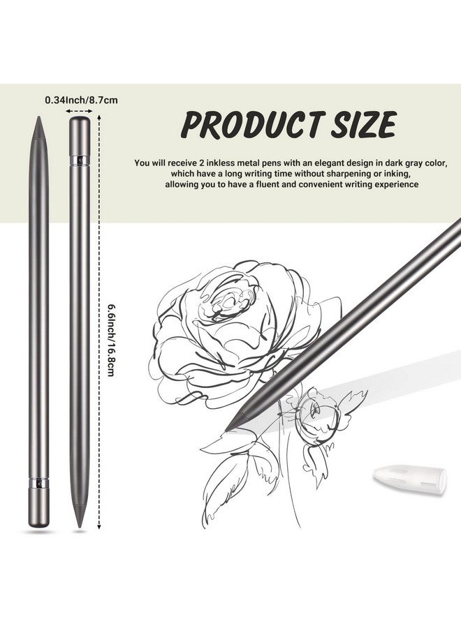 Chinco Everlasting Pen Erasable Pencil Metallic Inkless Metal Pen Back To School First Day No Ink Aluminum Pen With Latent Eraser For Kids Adult Writing Drawing Drafting Office, 2 Pieces(Gray) - Image 2