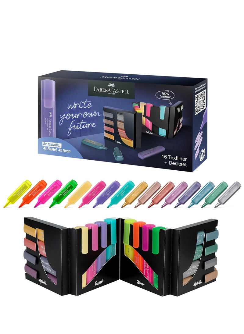 FABER-CASTELL - Faber-Castell Highlighter Desk Set - 16 Chisel Tip Markers, Assortment of Pastel, Neon, and Metallic Highlighter Marker Set - Bible and Note Taking Supplies, Gifts for Artists - Image 1