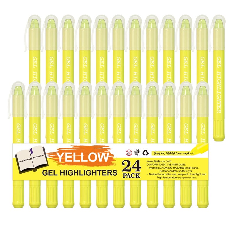 feela 24 Pack Yellow Gel Bible Highlighters Markers Pens Journaling Supplies No Bleed Through For Highlighting Journal School Office