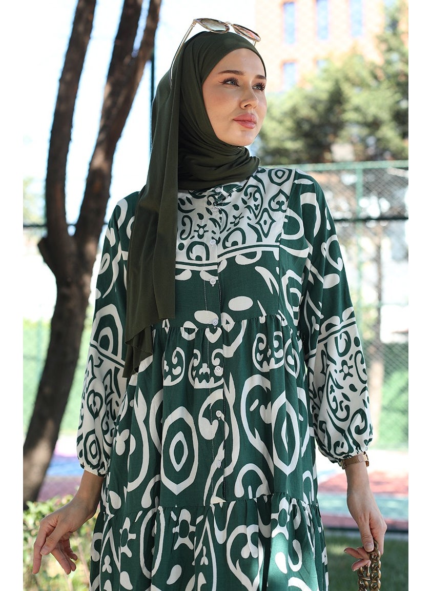 Sefa Merve - Patterned Viscose Dress 81875-03 Khaki - Image 1