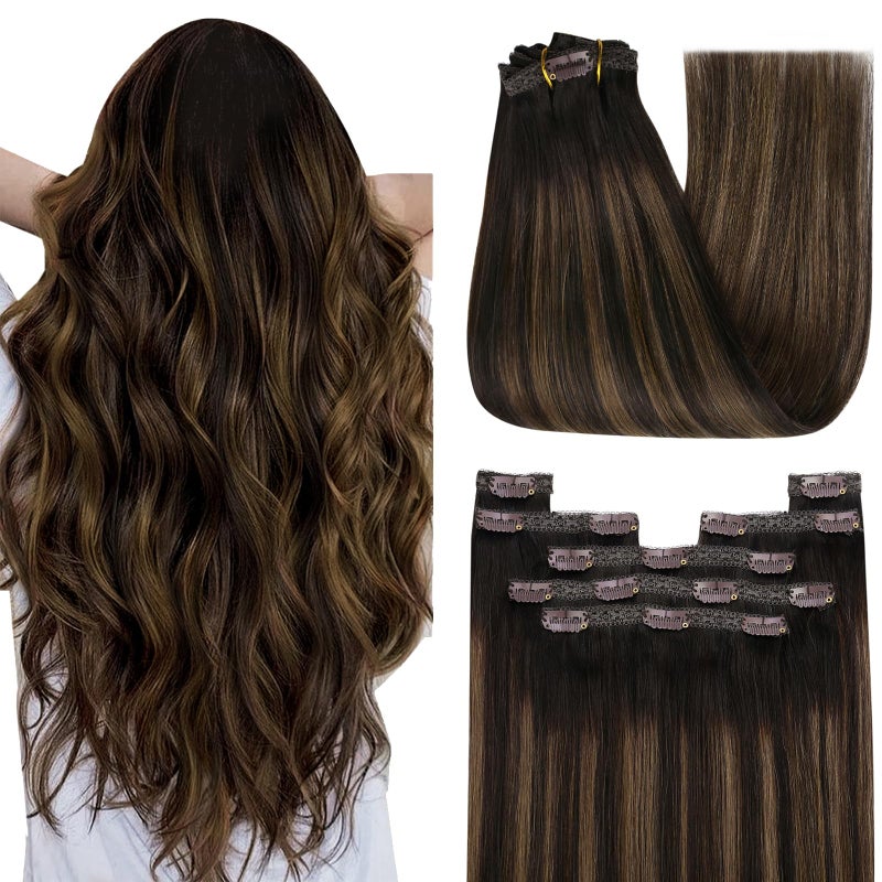 YoungSee Balayage Clip in Hair Extensions Dark Brown Real Hair Extensions Clip in Human Hair Dark Roots to Medium Brown Balayage Human Hair Extension Clip ins for Thin Hair 20In 120G - Image 1