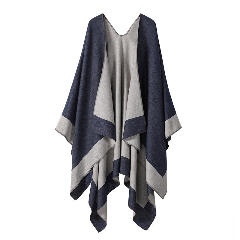 Solid Color Knitted Shawl with Color Block Border - Image 2