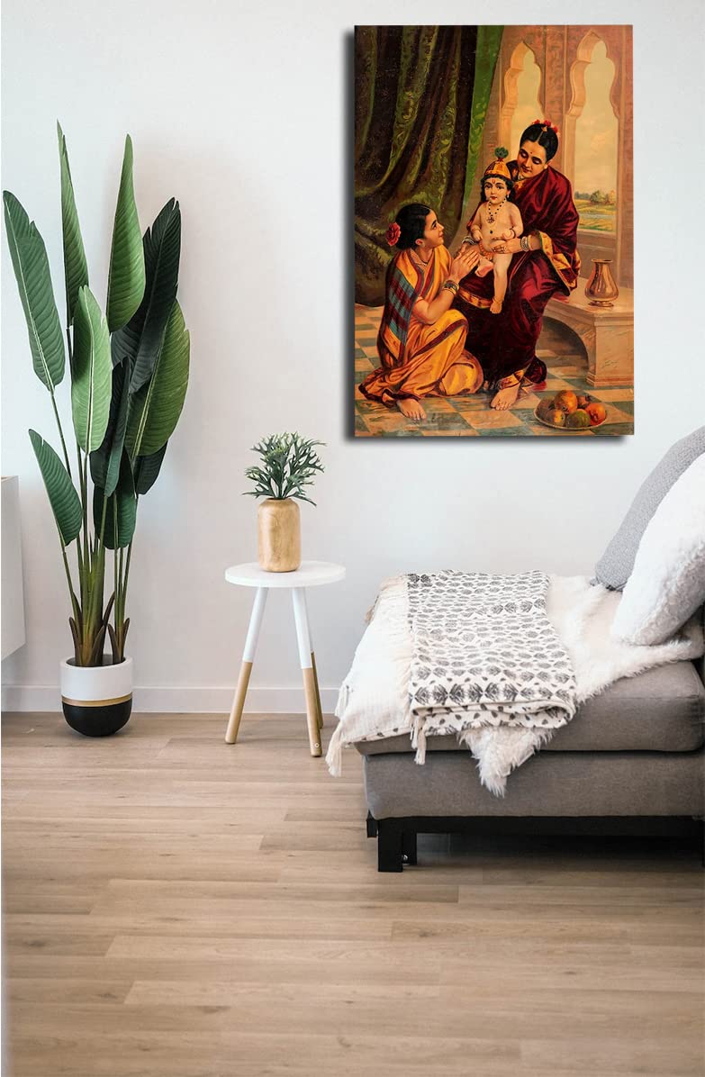 SIKHASH Raja Ravi Varma Canvas Painting, Indian Art, Classic Art, Wall Art for Living Room, Unframed, Multicolor, 12x8 inches (30x20 cms, Yashoda Krishna) - Image 1