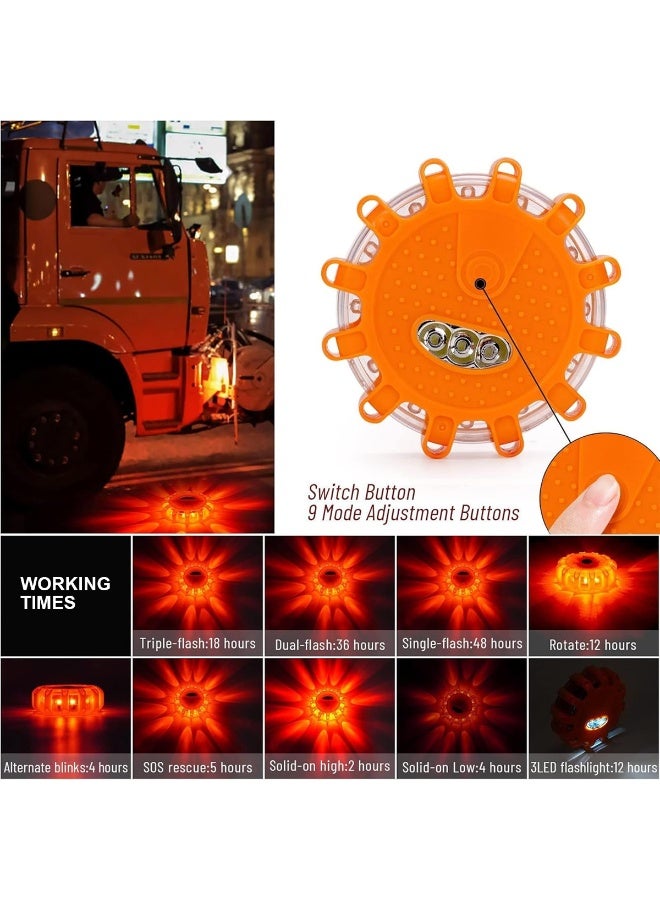 موب مصباح تحذير طوارئ LED على الطريق، منارة أمان مغناطيسية مع 9 أوضاع وميض، مصباح إشارة خطر مقاوم للماء والصدمات للسيارات والشاحنات والدراجات النارية والدراجات الهوائية، لون برتقالي للسلامة على جانب الطريق - Image 5