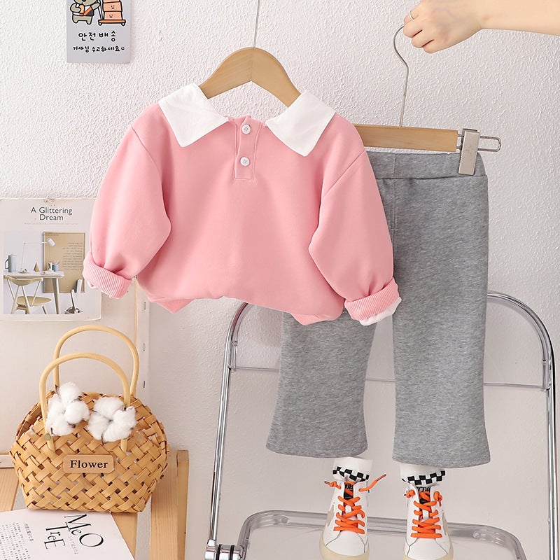 Autumn Fried Street Suit Autumn New Casual Children'S Large Lapel Chest Cherry Long Sleeve Two-Piece Set For Hair - Image 5