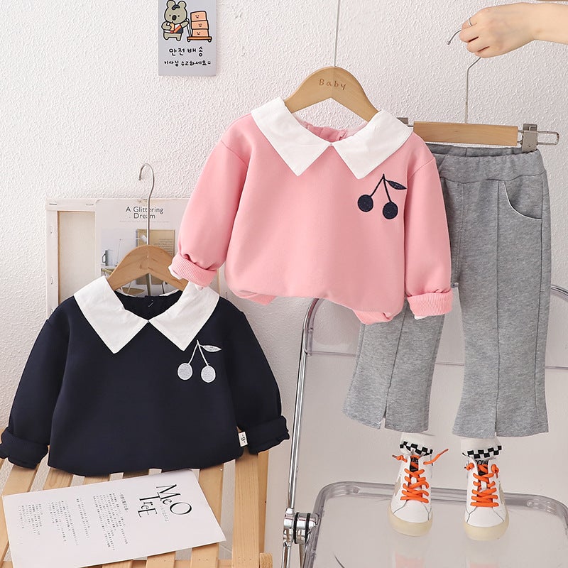 Autumn Fried Street Suit Autumn New Casual Children'S Large Lapel Chest Cherry Long Sleeve Two-Piece Set For Hair - Image 2