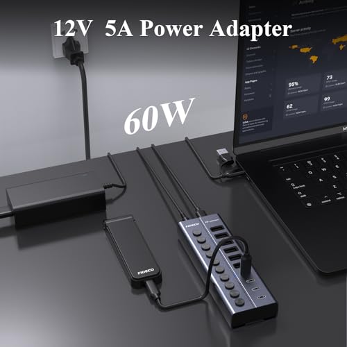 FIDECO 60W Powered USB Hub for Laptop and PC, 10-Port 10Gbps USB Splitter with 12V 5A Power Adapter, Aluminum USB 3.2 Gen 2 Multiport Adapter, 6 USB-A and 4 USB-C Ports, Support BC1.2 Charging - Image 3