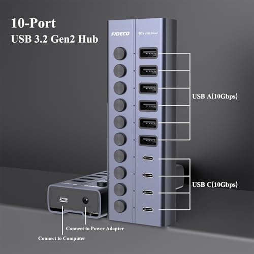 FIDECO 60W Powered USB Hub for Laptop and PC, 10-Port 10Gbps USB Splitter with 12V 5A Power Adapter, Aluminum USB 3.2 Gen 2 Multiport Adapter, 6 USB-A and 4 USB-C Ports, Support BC1.2 Charging - Image 5