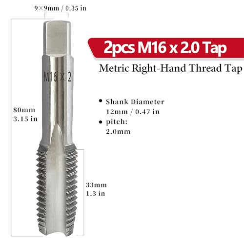 ylongan 2Pcs M16x2.0 Metric Thread Tap, HSS M16 x 2.0mm Right Hand Taper & Plug Thread Tapping Tool - Image 2