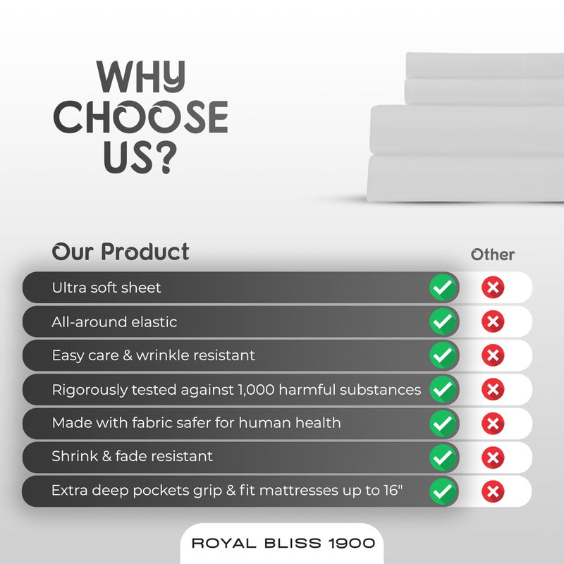 Royal Bliss 1900 Royal Bliss 1900 Top Split Flex Head King Size Sheet Set - Egyptian Quality Ultra-Soft Bed Sheets - Double Brushed - Deep Pockets- Easy Fit - 4 Piece Set- Fade Resistant (Top Split  White)  - Image 5