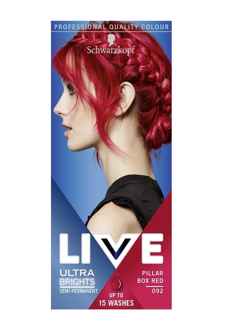 شوارزكوف صبغة شعر LIVE Ultra Brights Pillar Box Red شبه دائمة 092 صبغة شعر حمراء للون شعر فاتح أو فاتح لون نابض بالحياة يدوم حتى 15 غسلة - Image 1
