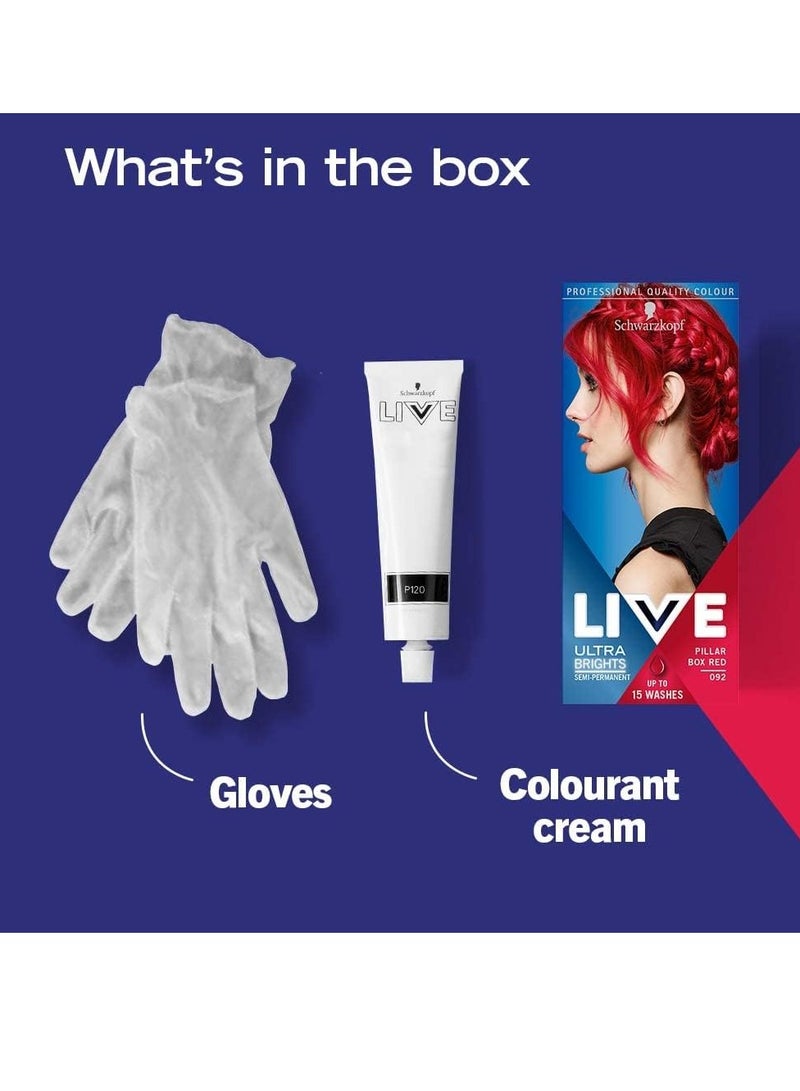 شوارزكوف صبغة شعر LIVE Ultra Brights Pillar Box Red شبه دائمة 092 صبغة شعر حمراء للون شعر فاتح أو فاتح لون نابض بالحياة يدوم حتى 15 غسلة - Image 3
