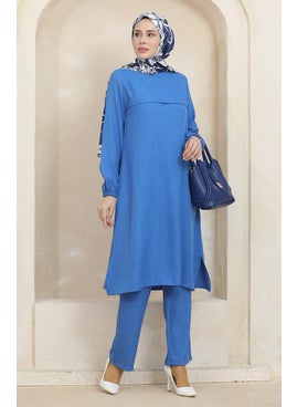 Sefa Merve Elastic Sleeve Tunic Trousers Double Suit 1005-03 Blue  - Image 1