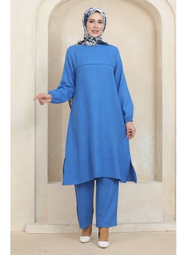 Sefa Merve Elastic Sleeve Tunic Trousers Double Suit 1005-03 Blue  - Image 2