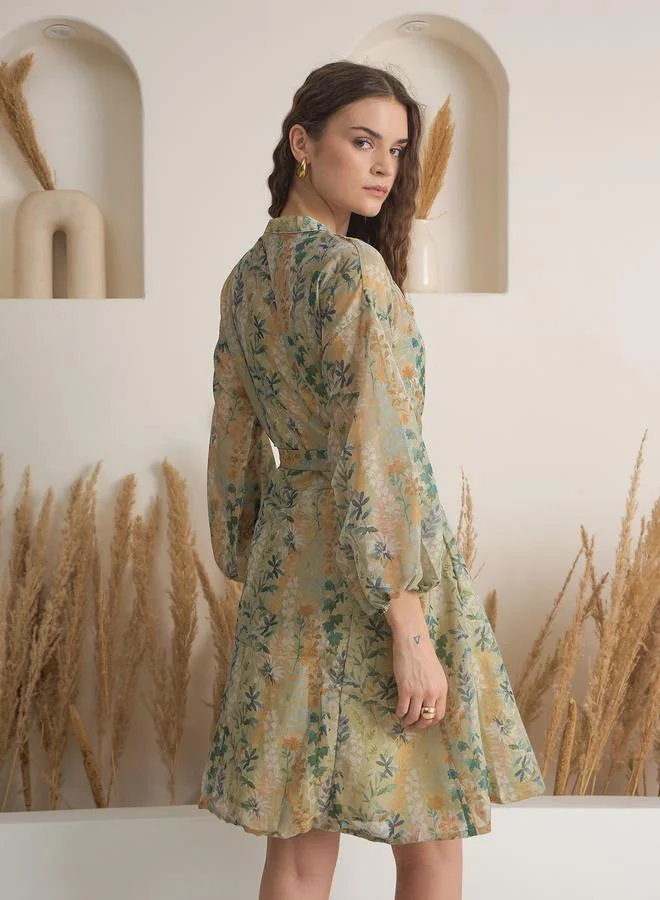 sanskrutihomes Green Floral Print Mini Dress with Inner Slip