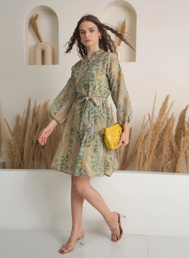 sanskrutihomes Sanskrutihomes Green Floral Print Mini Dress with Inner Slip