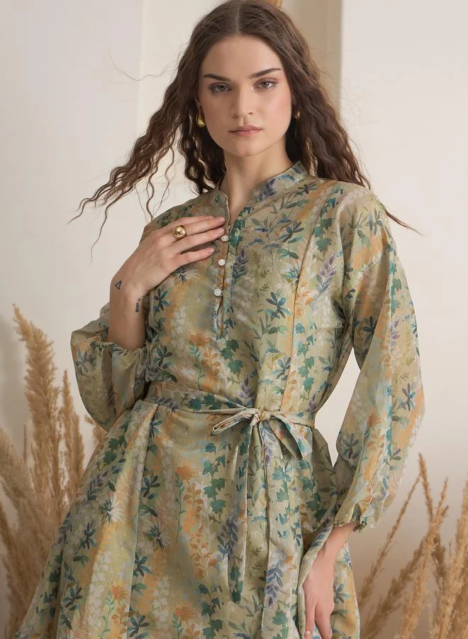 sanskrutihomes Green Floral Print Mini Dress with Inner Slip