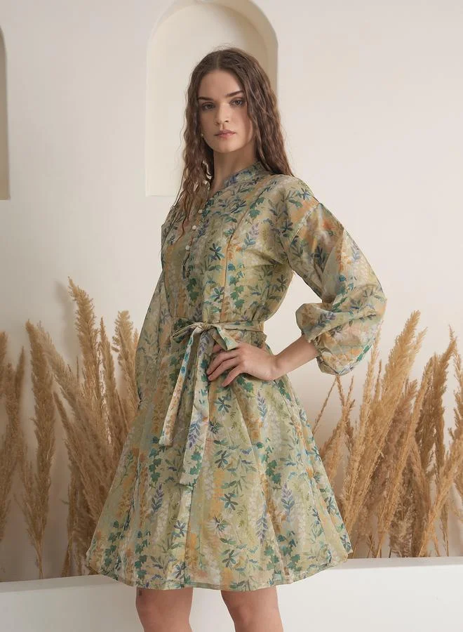 sanskrutihomes Green Floral Print Mini Dress with Inner Slip