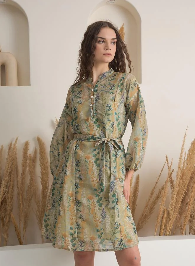 sanskrutihomes Green Floral Print Mini Dress with Inner Slip