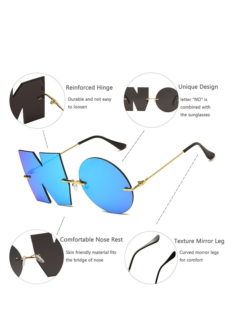 SYOSI 2PCS Letter No Party Rimless Irregular Design Sunglasses, Funny Sunglasses, Unique UV Protection Sunglasses Eyewears for Women Men, Beach Party Gifts (Black, Blue) - Image 3