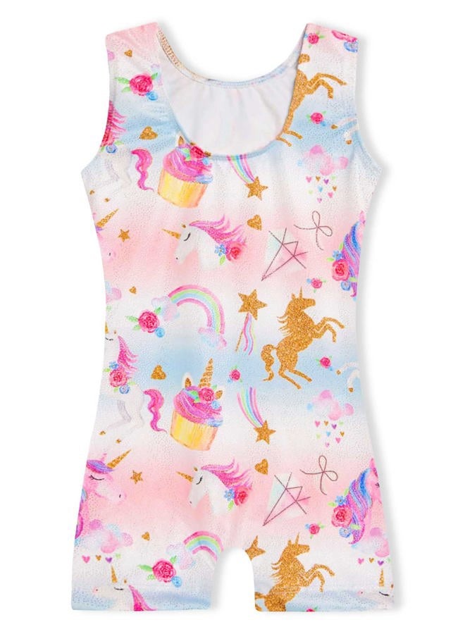 Domusgo Gymnastics Leotards for Girls Sparkly One-Piece Pro Kids Unitard Biketards with Shorts, Rainbow Unicorn Biketard, 5-6 years - Image 2