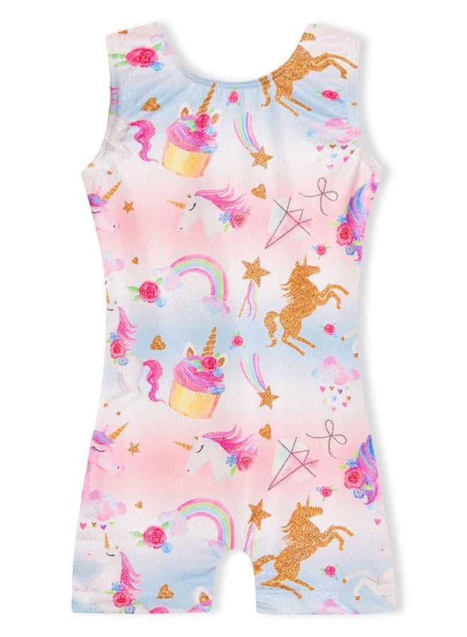 Domusgo Gymnastics Leotards for Girls Sparkly One-Piece Pro Kids Unitard Biketards with Shorts, Rainbow Unicorn Biketard, 5-6 years - Image 1