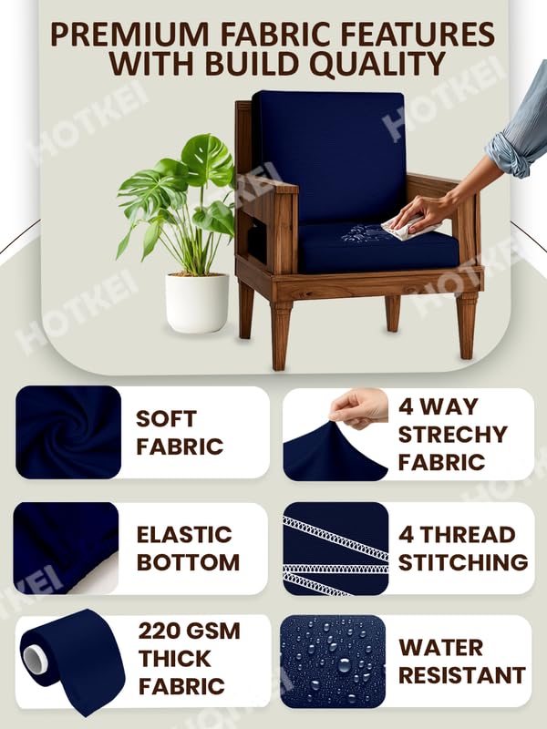 HOTKEI Navy Blue Dry Fit Pack of 6 Wooden Seat Covers 220 GSM Stretchable, Water-Resistant Elastic Sofa Slipcovers for 1-Seater Recliners Cushion Protector Sofa Cover Set - Image 2