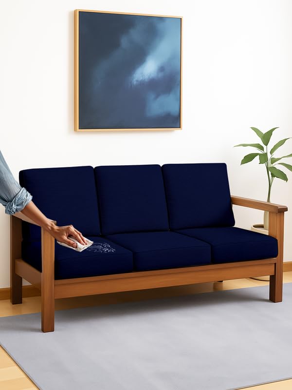 HOTKEI Navy Blue Dry Fit Pack of 6 Wooden Seat Covers 220 GSM Stretchable, Water-Resistant Elastic Sofa Slipcovers for 1-Seater Recliners Cushion Protector Sofa Cover Set - Image 1