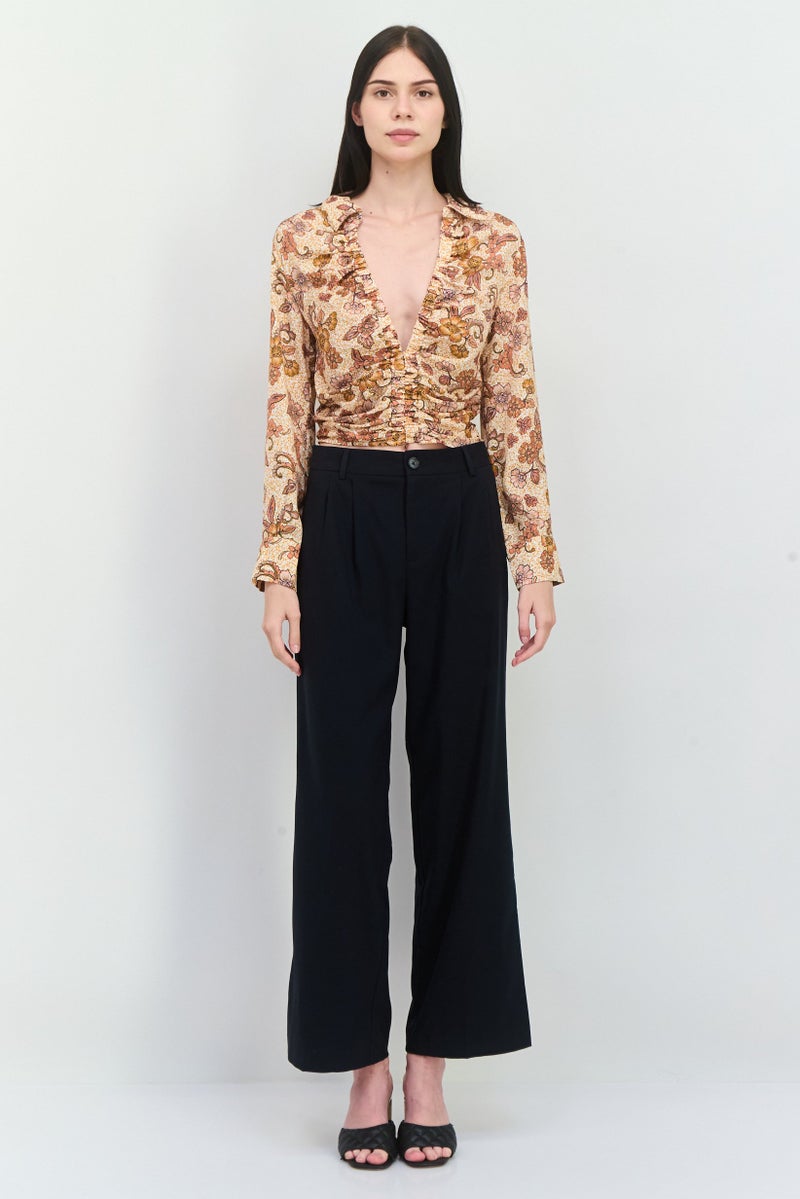 Free People Women Plunging Neckline Long Sleeve Floral Print Blouse, Brown  - Image 4