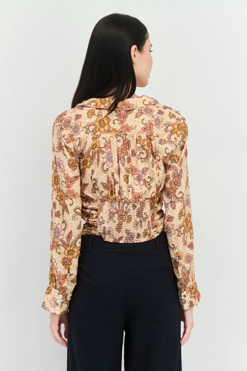 Free People Women Plunging Neckline Long Sleeve Floral Print Blouse, Brown  - Image 2
