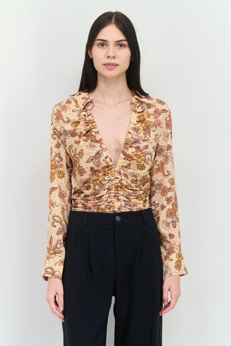 Free People Women Plunging Neckline Long Sleeve Floral Print Blouse, Brown  - Image 1