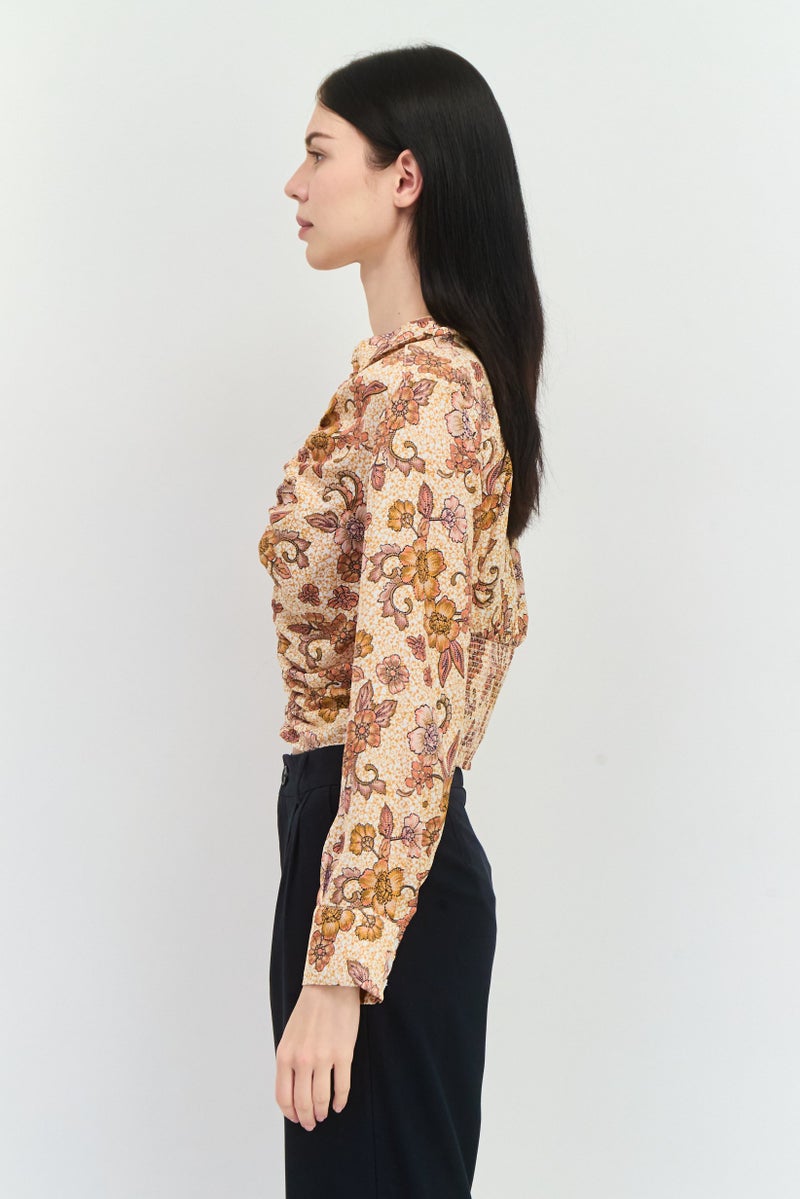 Free People Women Plunging Neckline Long Sleeve Floral Print Blouse, Brown  - Image 3